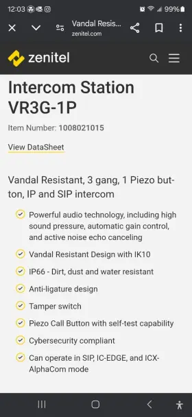 VR3G-1P ZENITEL Vandal Gang Intercom Station #3